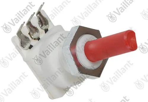 Vaillant Potentiometer mit rotem Anschluss, montiert auf einer weißen Basis mit metallischen Kontaktspitzen.